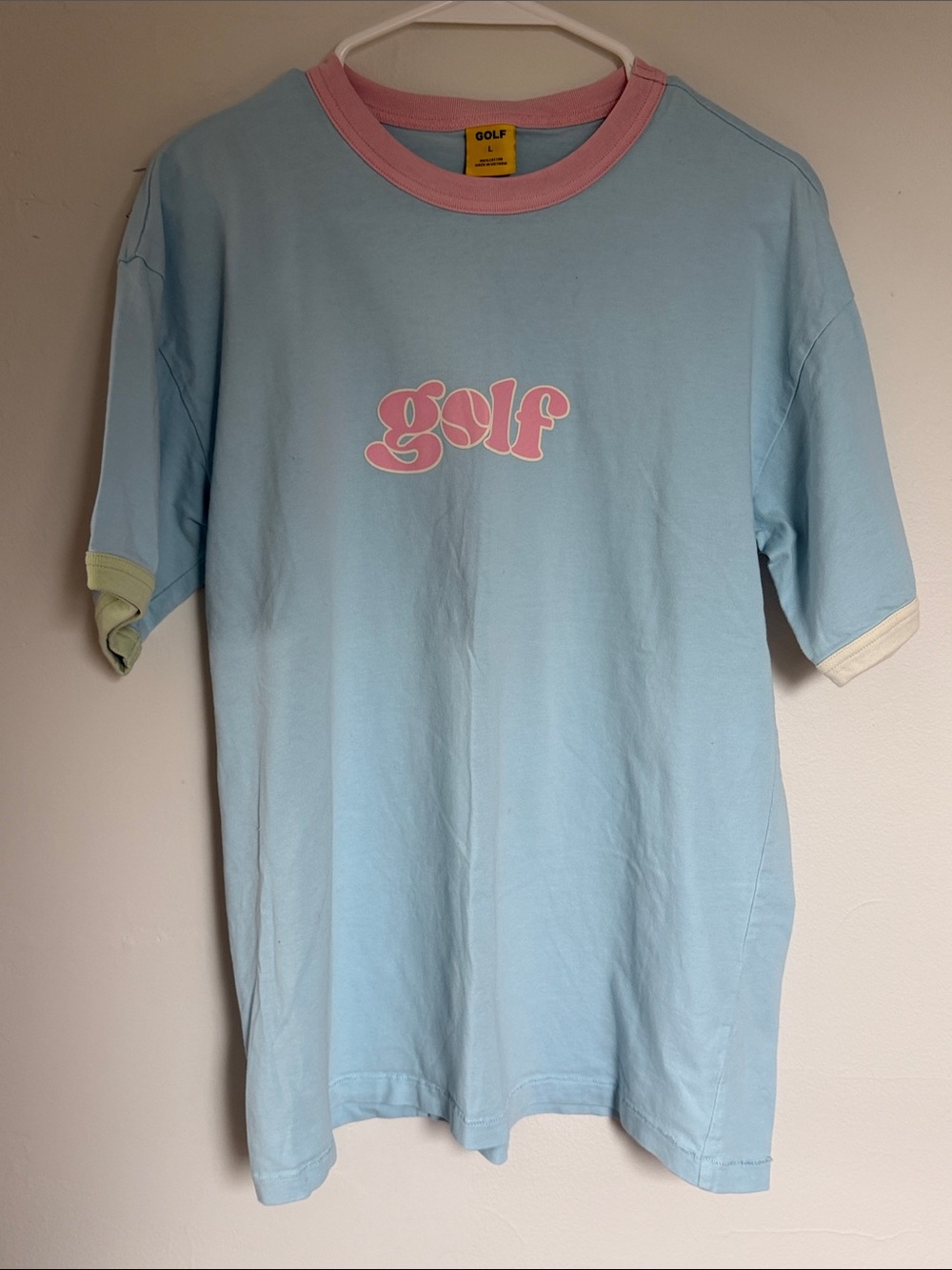Golf Wang Light Blue Tee with Pink Logo & Pastel Sleeve Accents